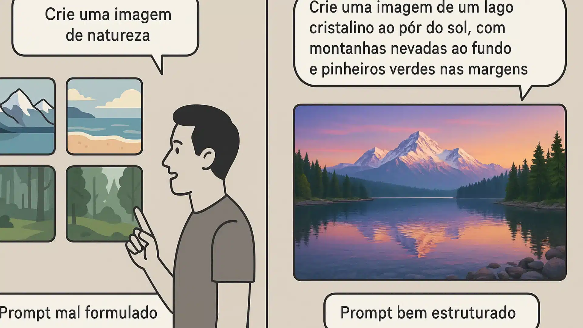 Comparação de prompts para IA generativa: prompt vago versus prompt detalhado mostrando diferença nos resultados de imagens geradas por inteligência artificial